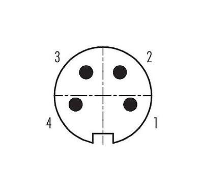 Disposition des contacts (Côté plug-in) 99 5109 15 04 - M16 Connecteur mâle, Contacts: 4 (04-a), 4,0-6,0 mm, blindable, souder, IP67, UL