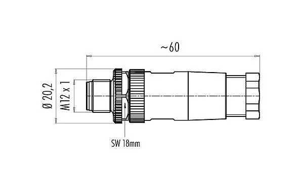 比例图 99 0429 15 04 - M12 直头针头电缆连接器, 极数: 4, 4.0-6.0mm, 非屏蔽, 螺钉接线, IP67, UL