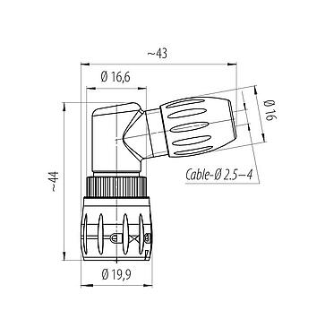 比例图 99 0773 000 08 - 卡扣式 弯角针头电缆连接器, 极数: 8, 2.5-4.0mm, 非屏蔽, 焊接, IP67