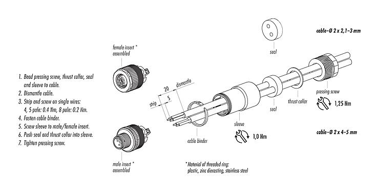 Instrucción de montaje 99 0437 142 05 - M12 Conector dúo de cable macho, Número de contactos: 5, 2 x Cable Ø 2,1-3,0 mm  o Ø 4,0-5,0 mm, sin blindaje, tornillo extraíble, IP67, UL