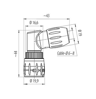 Scale drawing 99 0773 002 08 - Bayonet Male angled connector, Contacts: 8, 6.0-8.0 mm, unshielded, solder, IP67