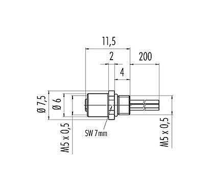 Desenho da escala 09 3106 00 03 - M5 Soquete de flange, Contatos: 3, desprotegido, fios simples, IP67