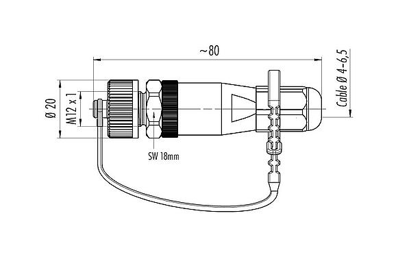 Desenho da escala 99 0429 684 04 - M12 Plugue de cabo, Contatos: 4, 4,0-6,5 mm, desprotegido, pinça de parafuso, IP69K, para aplicações externas