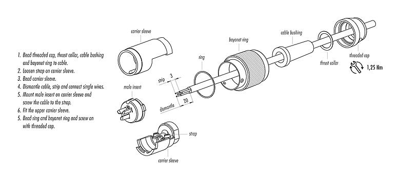 Instrucción de montaje 09 0059 00 05 - Bayoneta Conector de cable macho, Número de contactos: 5, 5,0-8,0 mm, blindable, soldadura, IP40