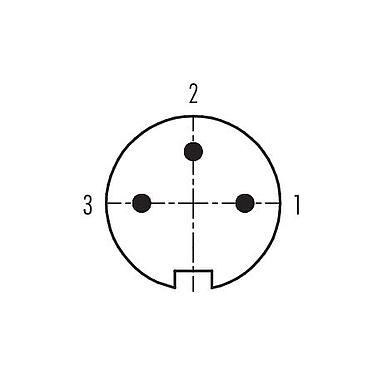 Disposición de los contactos (lado de la conexión) 99 5105 19 03 - M16 Conector de cable macho, Número de contactos: 3 (03-a), 4,0-6,0 mm, blindable, soldadura, IP67, UL