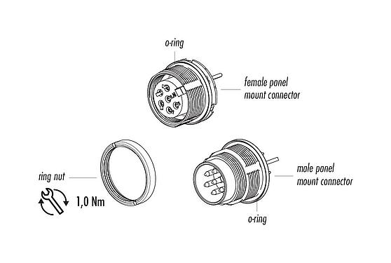 Component part drawing 09 0108 290 03 - M16 Female panel mount connector, Contacts: 3 (03-a), shieldable, THT, IP67, UL 2238, M18x0,75, Rear mounting
