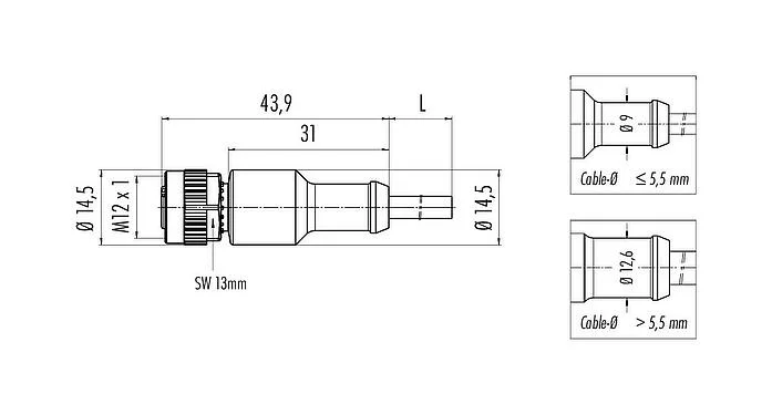 Scale drawing 77 3430 0000 50712-0500 - M12 Female cable connector, Contacts: 12, unshielded, moulded on the cable, IP69K, UL, PUR, black, 12 x 0.25 mm², 5 m