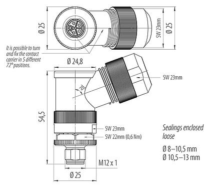 比例图 99 0699 370 05 - M12 弯角针头电缆连接器, 极数: 4+PE, 8.0-13.0mm, 非屏蔽, 螺钉接线, IP67, UL 2237正在准备中, 带PE接口