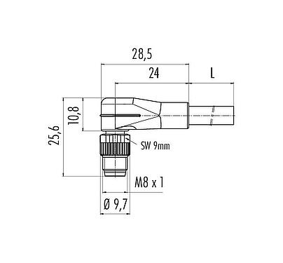 Scale drawing 77 3403 0000 50005-0500 - M8 Male angled connector, Contacts: 5, unshielded, moulded on the cable, IP67, UL, PUR, black, 5 x 0.34 mm², 5 m