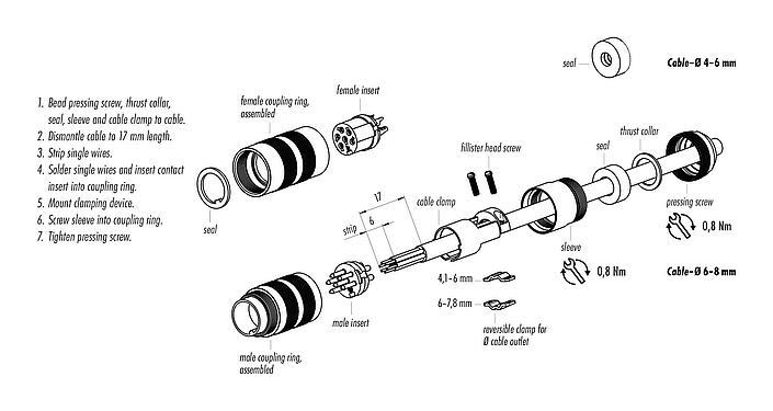 装配说明 99 5106 60 03 - M16 直头孔头电缆连接器, 极数: 3 (03-a), 4.1-7.8mm, 可接屏蔽, 焊接, IP68, UL, 短文