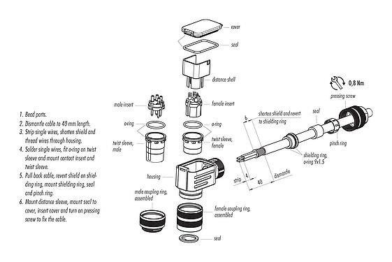 Assembly instructions 99 5601 75 02 - M16 Male angled connector, Contacts: 2 (02-a), 6.0-8.0 mm, shieldable, solder, IP67, UL