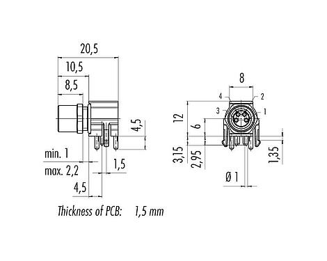 Scale drawing 99 3390 282 04 - M8 Female angled panel mount connector, Contacts: 4, unshielded, THR, IP67, UL