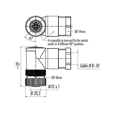 比例图 99 0690 58 04 - M12 弯角孔头电缆连接器, 极数: 3+PE, 8.0-10.0mm, 非屏蔽, 螺钉接线, IP67, UL, VDE