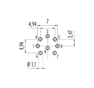 Conductor layout 09 0174 99 08 - M16 Female panel mount connector, Contacts: 8 (08-a), unshielded, THT, IP68, UL, AISG compliant, front fastened