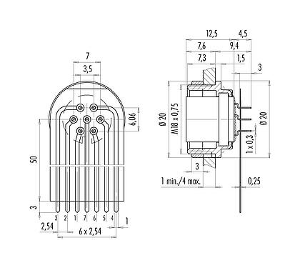 Connection & dimensions 09 0328 65 07 - M16 Female panel mount connector, Contacts: 7 (07-a), unshielded, THT, IP40, front fastened