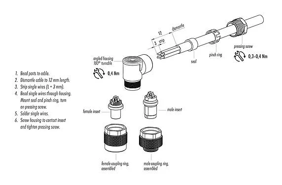 Assembly instructions 99 0405 70 03 - M9 Male angled connector, Contacts: 3, 3.5-5.0 mm, unshielded, solder, IP67