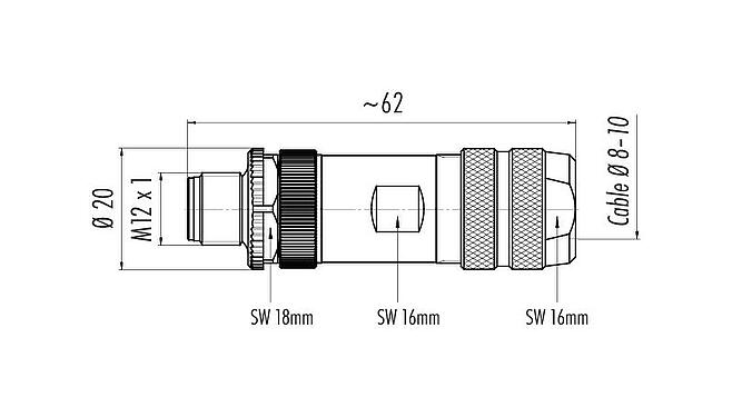 比例图 99 1491 914 12 - M12 直头针头电缆连接器, 极数: 12, 8.0-10.0mm, 可接屏蔽, 焊接, IP67, UL