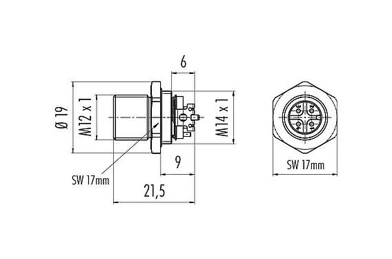 比例图 99 3731 401 04 - M12 针头法兰座, 极数: 4, 可接屏蔽, SMT, IP67