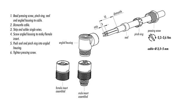 Assembly instructions 99 3378 00 04 - M8 Female angled connector, Contacts: 4, 3.5-5.0 mm, unshielded, solder, IP67, UL