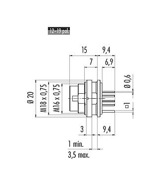 Scale drawing 09 0131 290 12 - M16 Male panel mount connector, Contacts: 12 (12-a), shieldable, THT, IP67, UL, front fastened