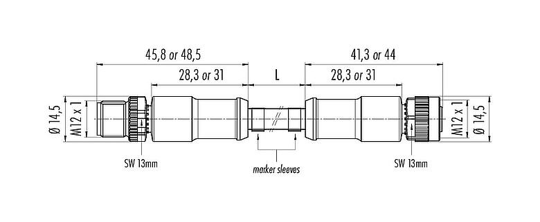 Scale drawing 77 3430 3429 50708-0100 - M12/M12 Connecting cable male cable connector - female cable connector, Contacts: 8, unshielded, moulded on the cable, IP69K, UL, PUR, black, 8 x 0.25 mm², 1 m