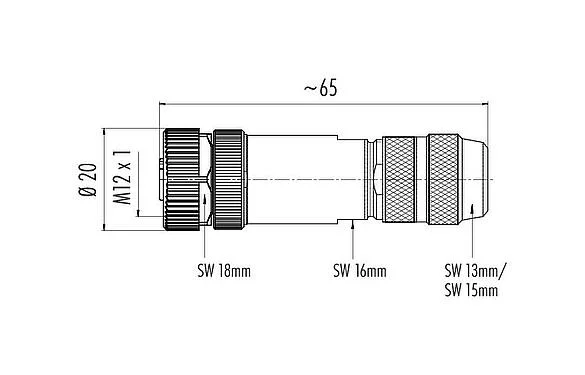 比例图 99 1534 910 05 - M12 直头孔头电缆连接器, 极数: 5, 8.0-9.0mm, 可接屏蔽, 笼式弹簧, IP67