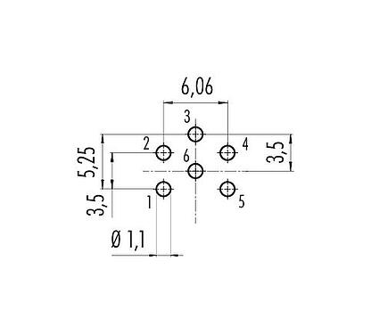 Conductor layout 09 0324 90 06 - M16 Female panel mount connector, Contacts: 6 (06-a), unshielded, THT, IP40, front fastened