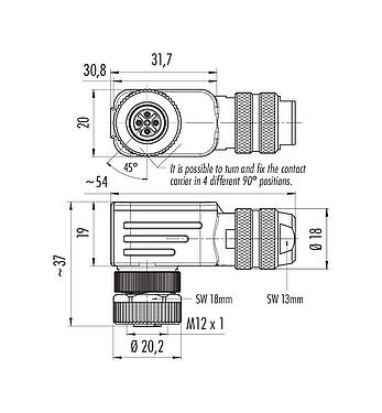 比例图 99 1430 824 04 - M12 弯角孔头电缆连接器, 极数: 4, 4.0-6.0mm, 可接屏蔽, 螺钉接线, IP67, UL