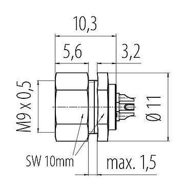 Scale drawing 09 0078 00 03 - M9 Female panel mount connector, Contacts: 3, unshielded, solder, IP40