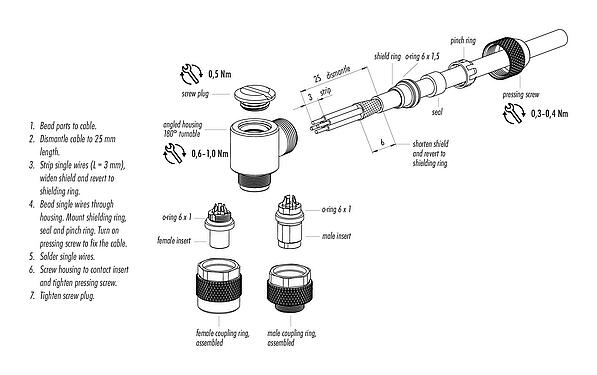 Assembly instructions 99 0421 75 07 - M9 Male angled connector, Contacts: 7, 3.5-5.0 mm, shieldable, solder, IP67