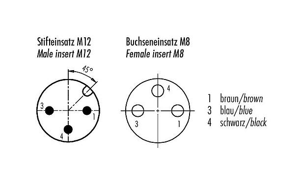 Contact arrangement (Plug-in side) 77 3608 3429 50003-0100 - M12/M8 Male cable connector - female angled connector, Contacts: 3, unshielded, moulded on the cable, IP67, PUR, black, 3 x 0.25 mm², with LED PNP, 1 m