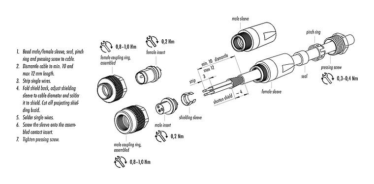 装配说明 99 0410 10 04 - M9 直头孔头电缆连接器, 极数: 4, 3.5-5.0mm, 可接屏蔽, 焊接, IP67