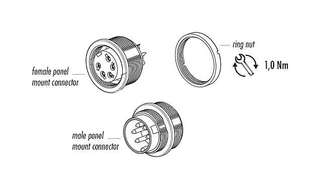 Component part drawing 09 0174 00 08 - M16 Female panel mount connector, Contacts: 8 (08-a), unshielded, solder, IP68, UL, AISG compliant