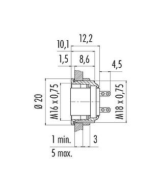 Scale drawing 09 0116 09 05 - M16 Female panel mount connector, Contacts: 5 (05-a), unshielded, solder, IP67, UL