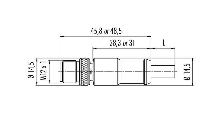 比例图 77 3529 0000 50703-0500 - M12 直头针头电缆连接器, 极数: 3, 屏蔽, 预铸电缆, IP67, UL, PUR, 黑色, 3x0.34mm², 5m