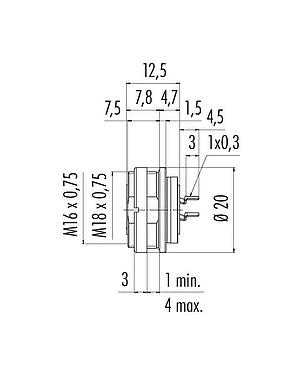 Scale drawing 09 0124 90 06 - M16 Female panel mount connector, Contacts: 6 (06-a), unshielded, THT, IP67, UL, front fastened