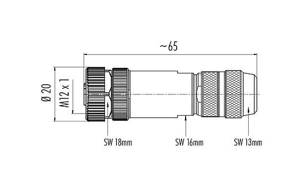 比例图 99 1632 812 04 - M12 直头孔头电缆连接器, 极数: 4, 8.0-9.0mm, 可接屏蔽, 螺钉接线, IP67, UL