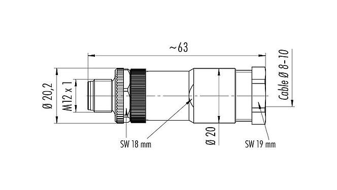 比例图 99 0629 19 04 - M12 直头针头电缆连接器, 极数: 4, 8.0-10.0mm, 非屏蔽, 螺钉接线, IP67, UL, VDE