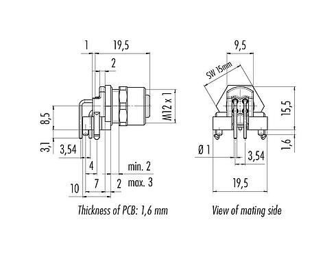 Scale drawing 99 3432 202 04 - M12 Male angled panel mount connector, Contacts: 4, unshielded, THR, IP68, UL, for PCB assembly, two-part design