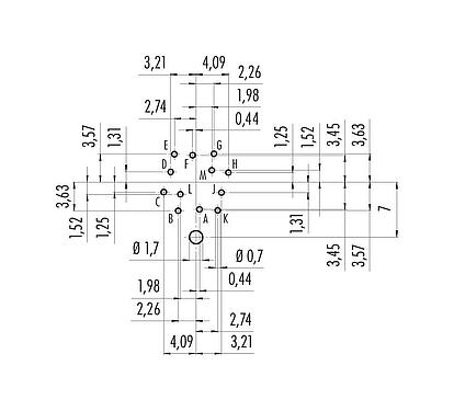 Conductor layout 09 0131 290 12 - M16 Male panel mount connector, Contacts: 12 (12-a), shieldable, THT, IP67, UL, front fastened