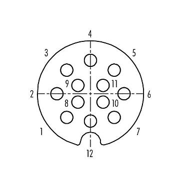 Contact arrangement (Plug-in side) 09 0448 00 12 - M25 Female panel mount connector, Contacts: 12, shieldable, solder, IP40