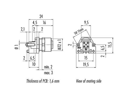 Scale drawing 99 3442 458 05 - M12 Female panel mount connector, Contacts: 5, shieldable, THR, IP68, UL, for PCB assembly