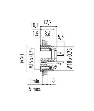 Scale drawing 09 0108 09 03 - M16 Female panel mount connector, Contacts: 3 (03-a), unshielded, solder, IP67, UL