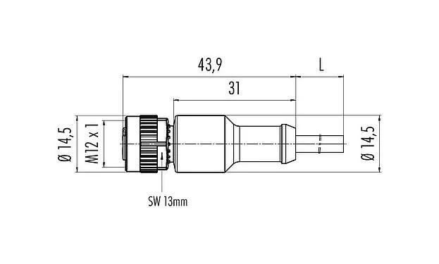 Scale drawing 77 3430 0000 80004-0200 - M12 Female cable connector, Contacts: 4, unshielded, moulded on the cable, IP69K, UL, PUR, orange, 4 x 0.34 mm², for welding applications, 2 m