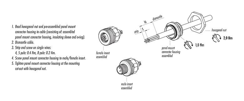 Assembly instructions 99 0434 500 05 - M12 Female panel mount connector, Contacts: 5, unshielded, screw clamp, IP67, UL, VDE, M20x1.5, for the power supply