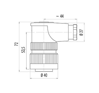 比例图 99 0710 70 05 - RD30 弯角孔头电缆连接器, 极数: 4+PE, 10.0-12.0mm, 非屏蔽, 螺钉接线, IP65, ESTI+, VDE