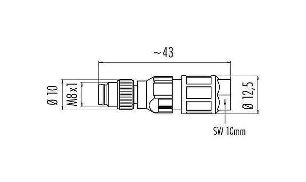 比例图 99 3383 550 04 - M8 直头针头电缆连接器, 极数: 4, 2.5-5.0mm, 非屏蔽, IDC, IP67, UL