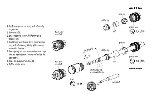 装配说明 99 1538 814 05 - M12 直头孔头电缆连接器, 极数: 5, 4.0-6.0mm, 可接屏蔽, 笼式弹簧, IP67