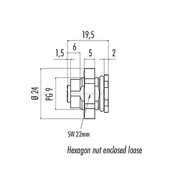 Scale drawing 86 4832 3002 00004 - M12 Female panel mount connector, Contacts: 4, unshielded, solder, IP67, UL, PG 9, front fastened