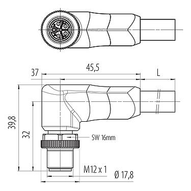 比例图 77 0677 0000 70505-0500 - M12 弯角针头电缆连接器, 极数: 4+PE, 非屏蔽, 预铸电缆, IP68, UL, PUR, 黑色, 5x1.50mm², 5m